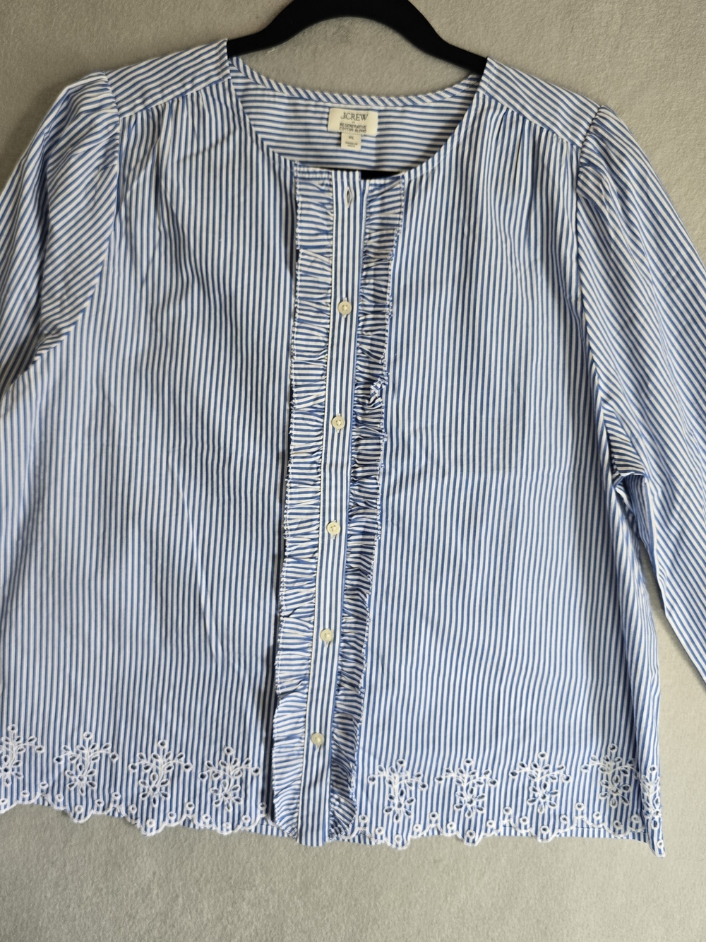 J. Crew XL Blue Stripe Ruffle-Trim Button Front Blouse Classic Bubble Sleeves